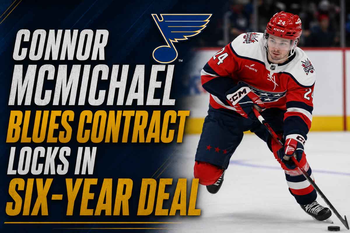Connor McMichael skates in a Blues jersey after the Connor McMichael Blues contract signing