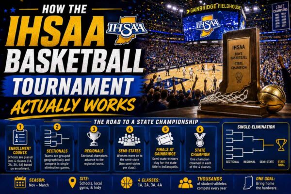 IHSAA basketball tournament bracket board showing sectional matchups at an Indiana gym