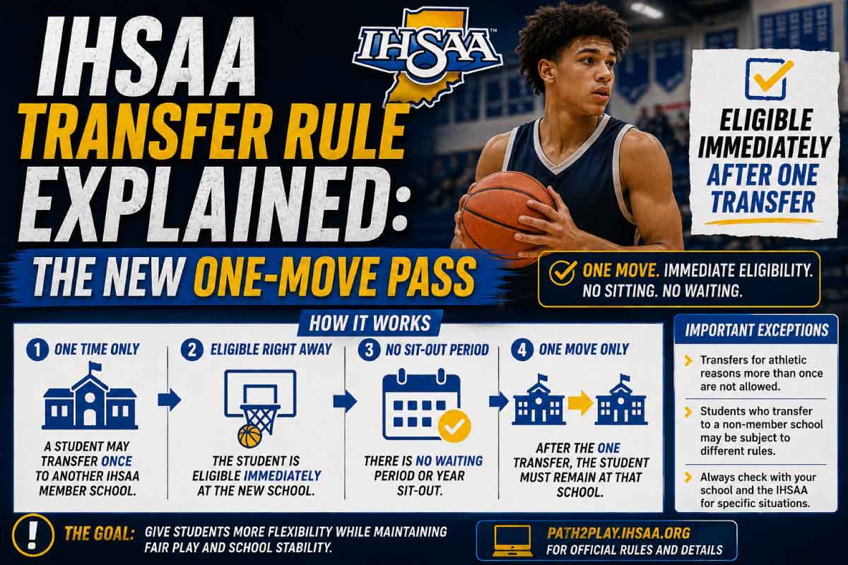 A player switching high school jerseys, representing the IHSAA transfer rule change for Indiana athletes