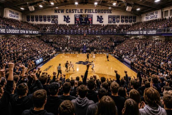 Packed bleachers inside one of Indiana loudest high school gyms during a sectional game.