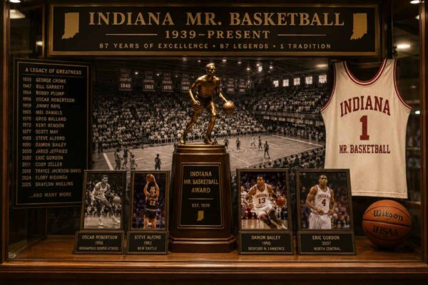 Trophy case honoring Indiana Mr. Basketball winners throughout state history