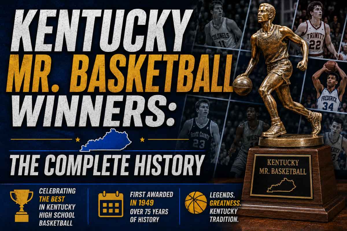 A row of Kentucky Mr. Basketball winners trophies representing decades of winners since 1954