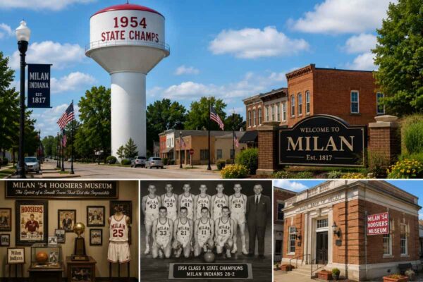 The "1954 State Champs" water tower still standing in the Milan 1954 Hoosiers town today.